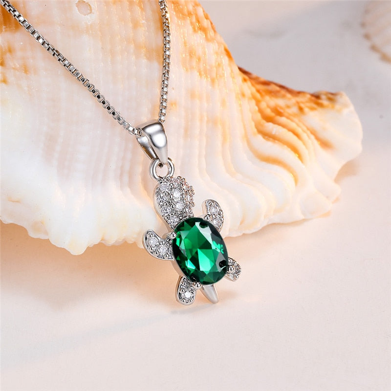 Sterling Silver Zircon Crystal Turtle Necklace