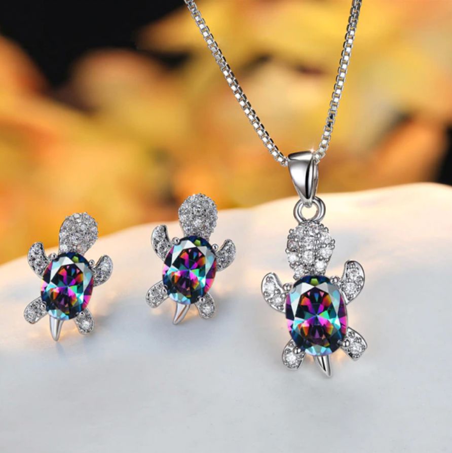 White Gold Turtle Necklace And Earring Set