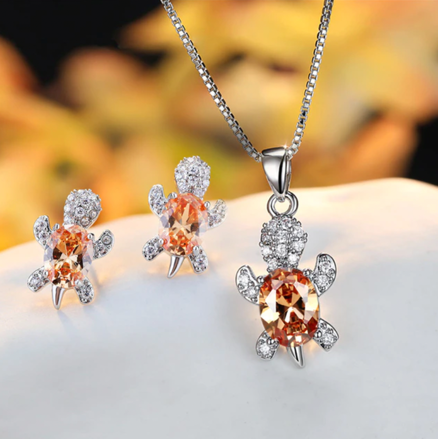 White Gold Turtle Necklace And Earring Set