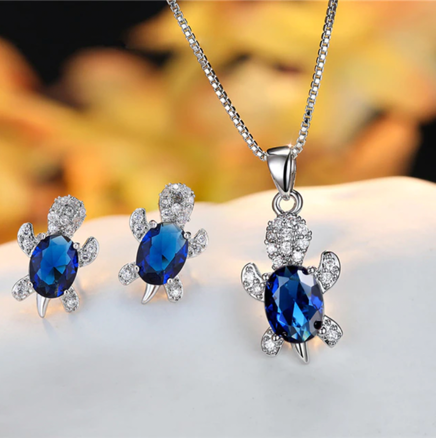 White Gold Turtle Necklace And Earring Set