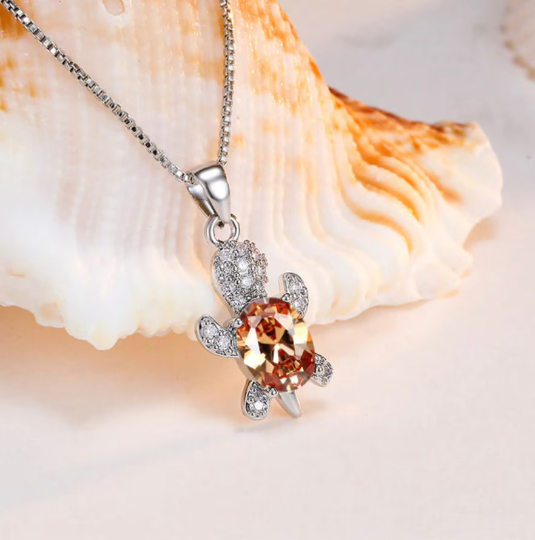Sterling Silver Zircon Crystal Turtle Necklace