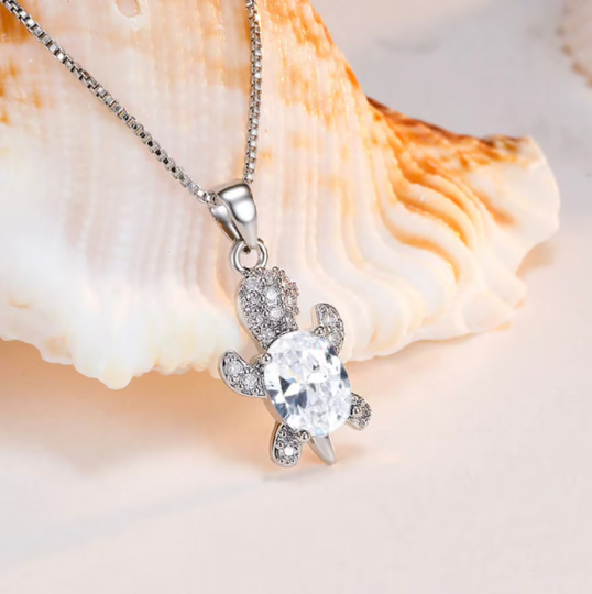 Sterling Silver Zircon Crystal Turtle Necklace