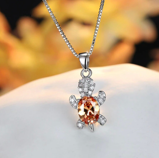 Sterling Silver Zircon Crystal Turtle Necklace