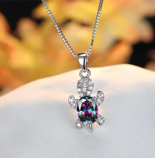 Sterling Silver Zircon Crystal Turtle Necklace
