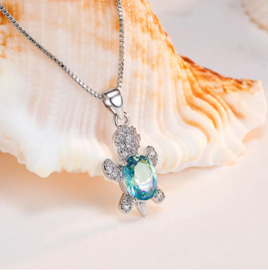 Sterling Silver Zircon Crystal Turtle Necklace