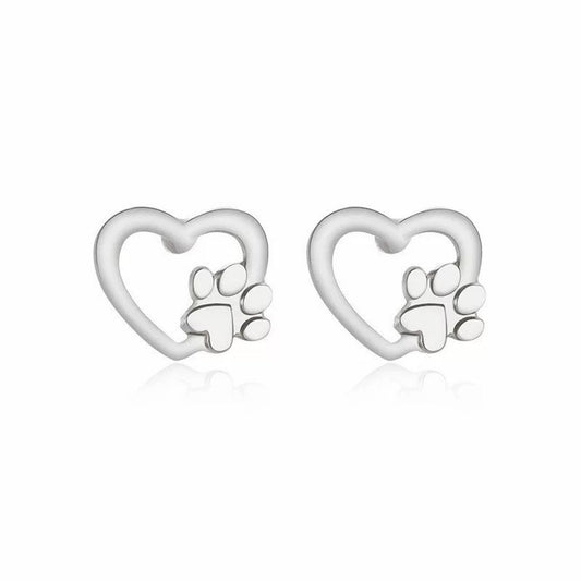 Silver Paw Print In Heart Earrings