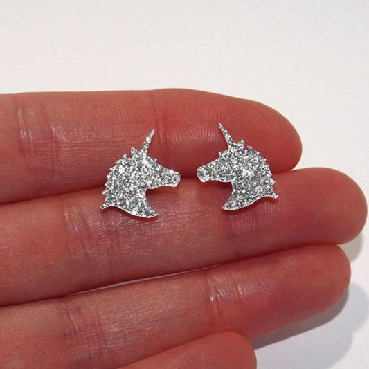 Unicorn Silver Glitter Stud Earrings