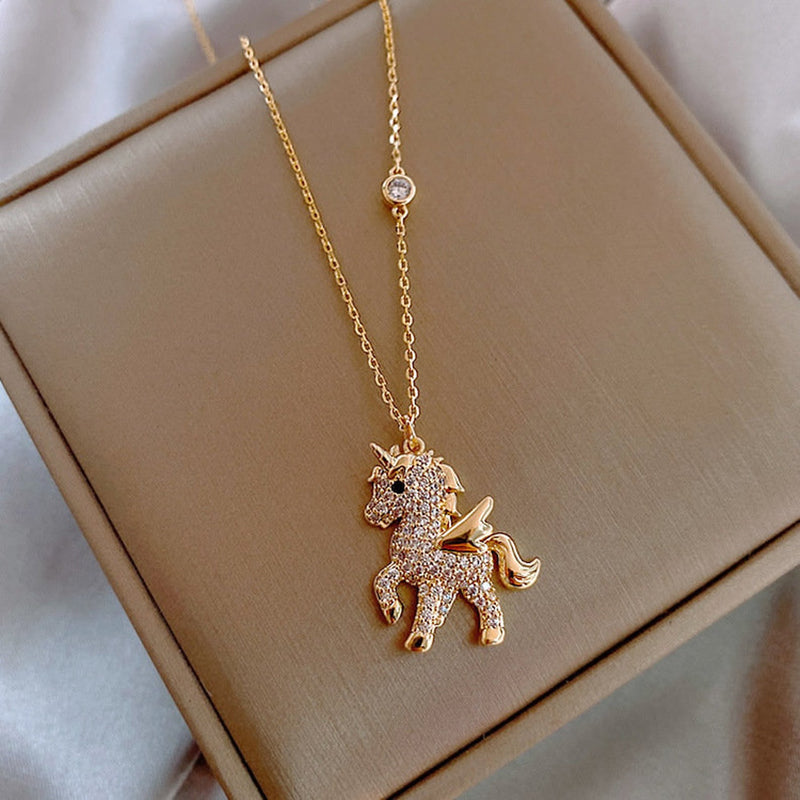 Rhinestones Unicorn Pendant Necklace Gold