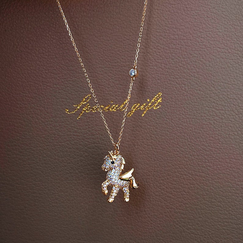 Rhinestones Unicorn Pendant Necklace Gold