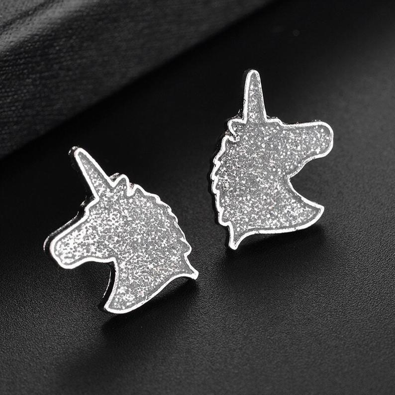 Unicorn Silver Glitter Stud Earrings