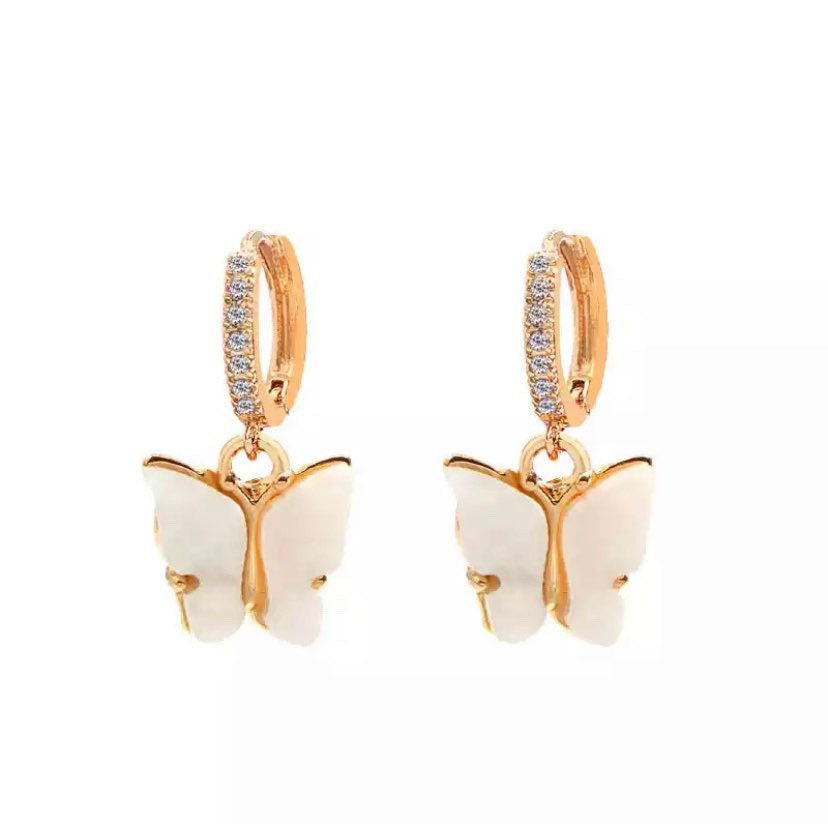 Gold Diamond Butterfly Hoop Earrings