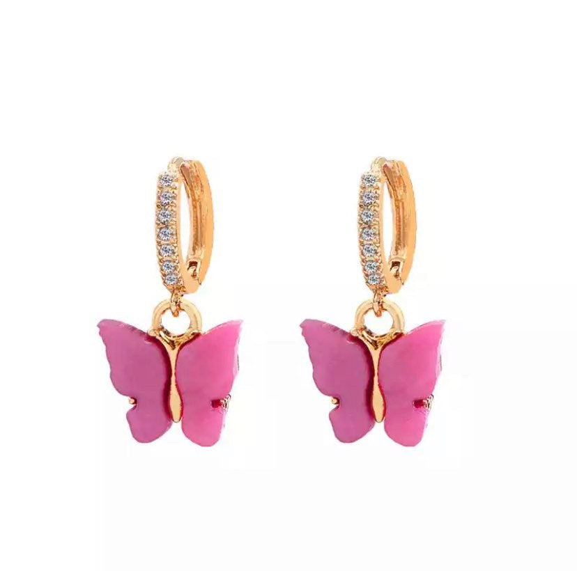 Gold Diamond Butterfly Hoop Earrings