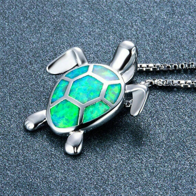 Opal Green Sea Turtle Charm Necklace