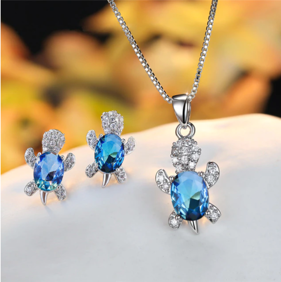 White Gold Turtle Necklace And Earring Set