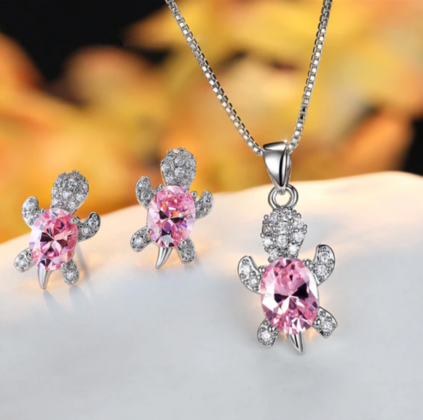 White Gold Turtle Necklace And Earring Set