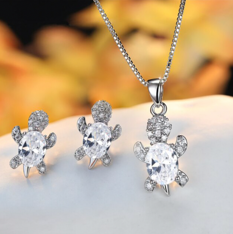 White Gold Turtle Necklace And Earring Set