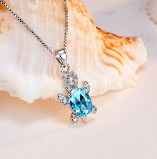 Sterling Silver Zircon Crystal Turtle Necklace
