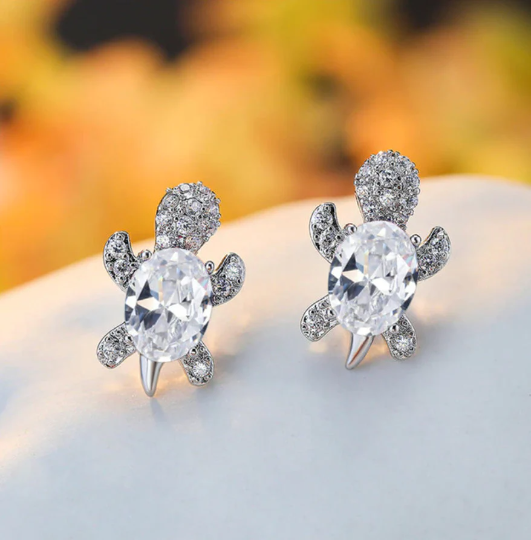 White Gold Luxury Turtle Earrings with Zircon Crystal