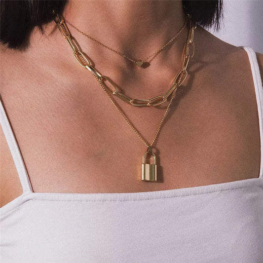 3 Layer Lock Heart Chain Necklace