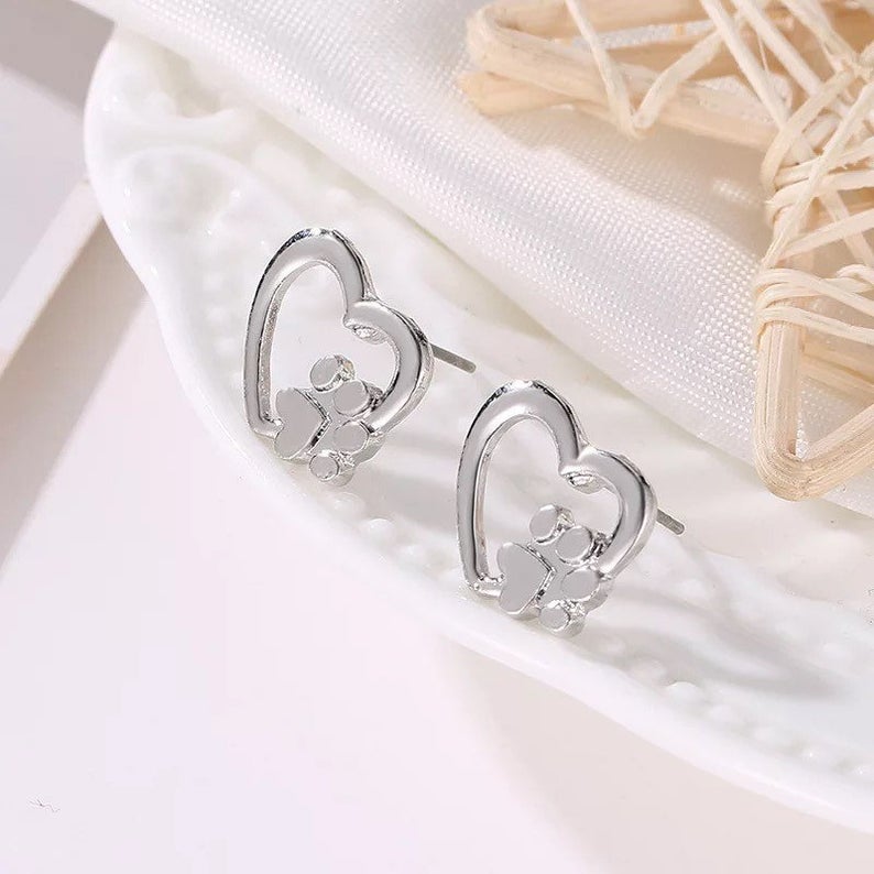 Silver Paw Print In Heart Earrings
