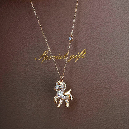 Rhinestones Unicorn Pendant Necklace Gold
