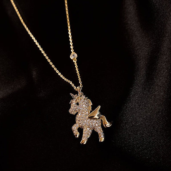 Rhinestones Unicorn Pendant Necklace Gold