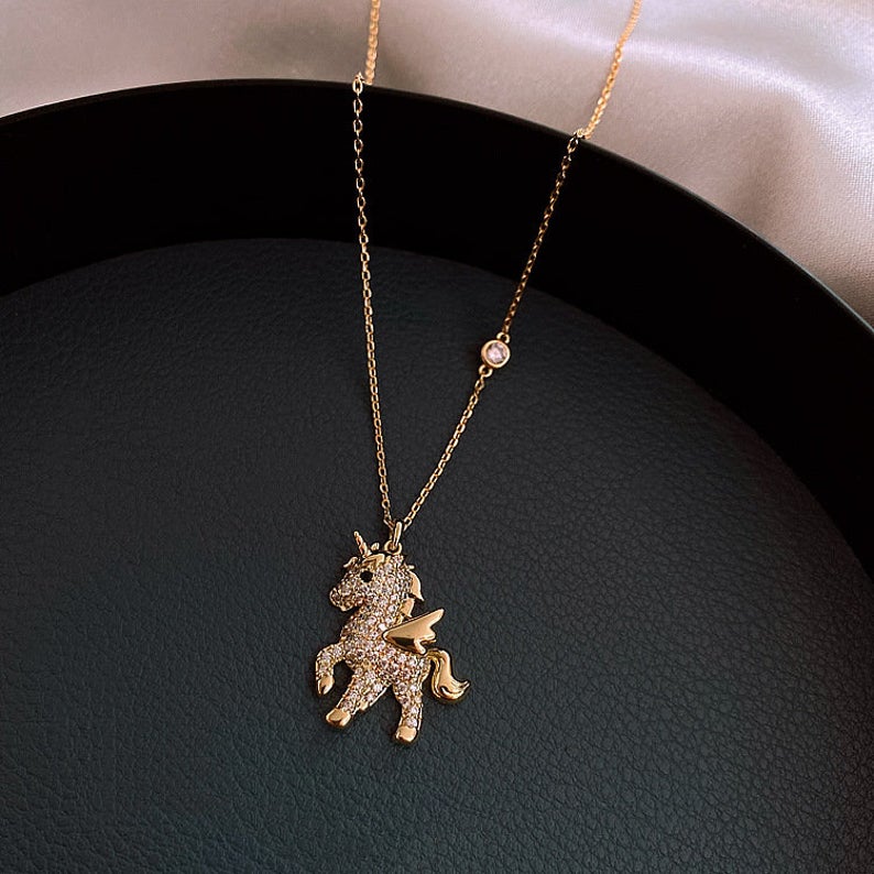 Rhinestones Unicorn Pendant Necklace Gold