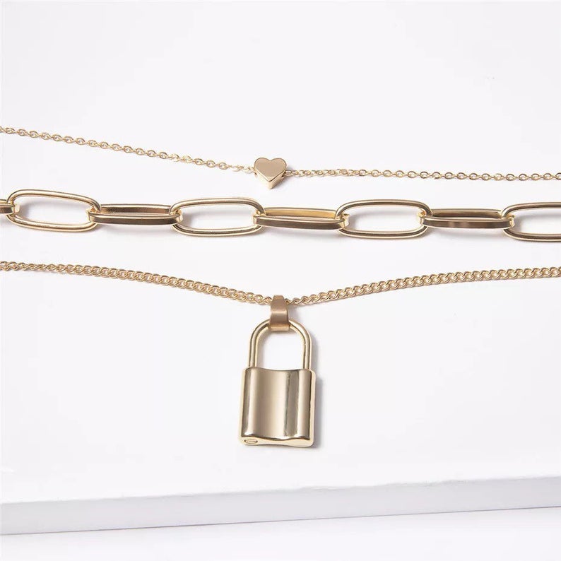 3 Layer Lock Heart Chain Necklace