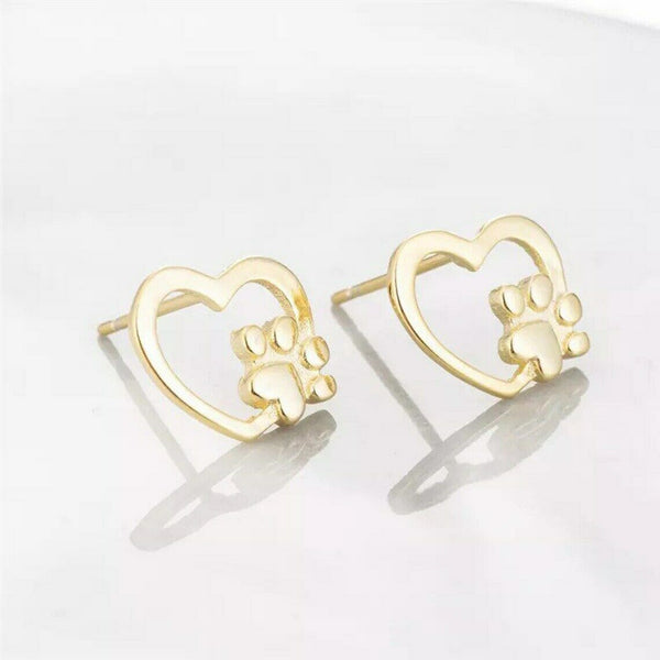 Paw Print Earrings in Heart Gold